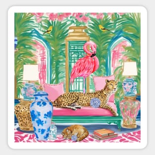 Cheetah and pink flamingo in preppy chinoiserie interior Sticker